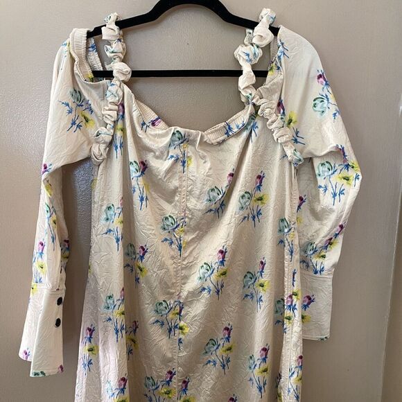 GANNI NWT $295 Crinkled Satin Floral Ruffle Strap Maxi Slit Dress Size 42 L - Picture 15 of 15